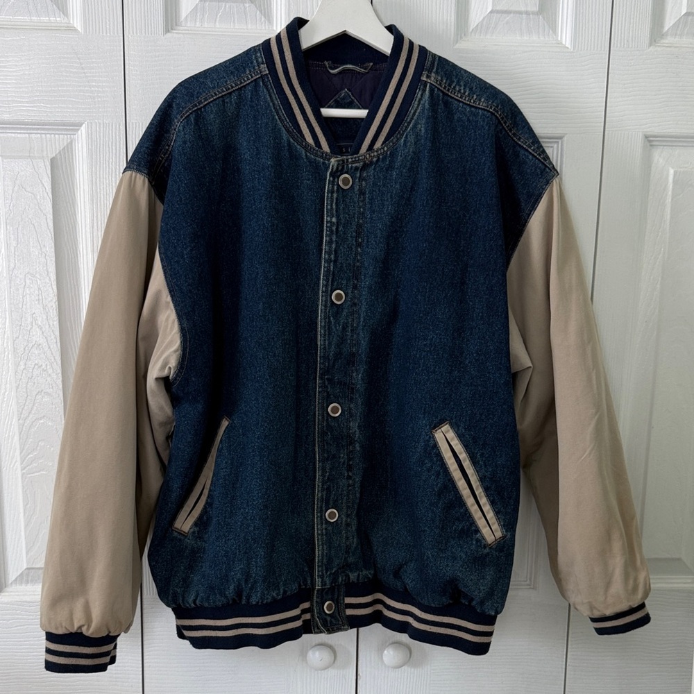 Basic Editions Denim and Beige Bomber Jacket Sz L